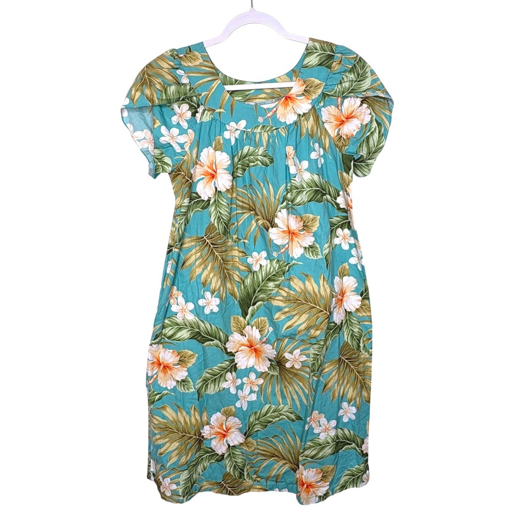 Vtg Puanani RJC Hawaiian Muumuu Dress Teal‎ Tropical Floral Y2K Coconut Girl S